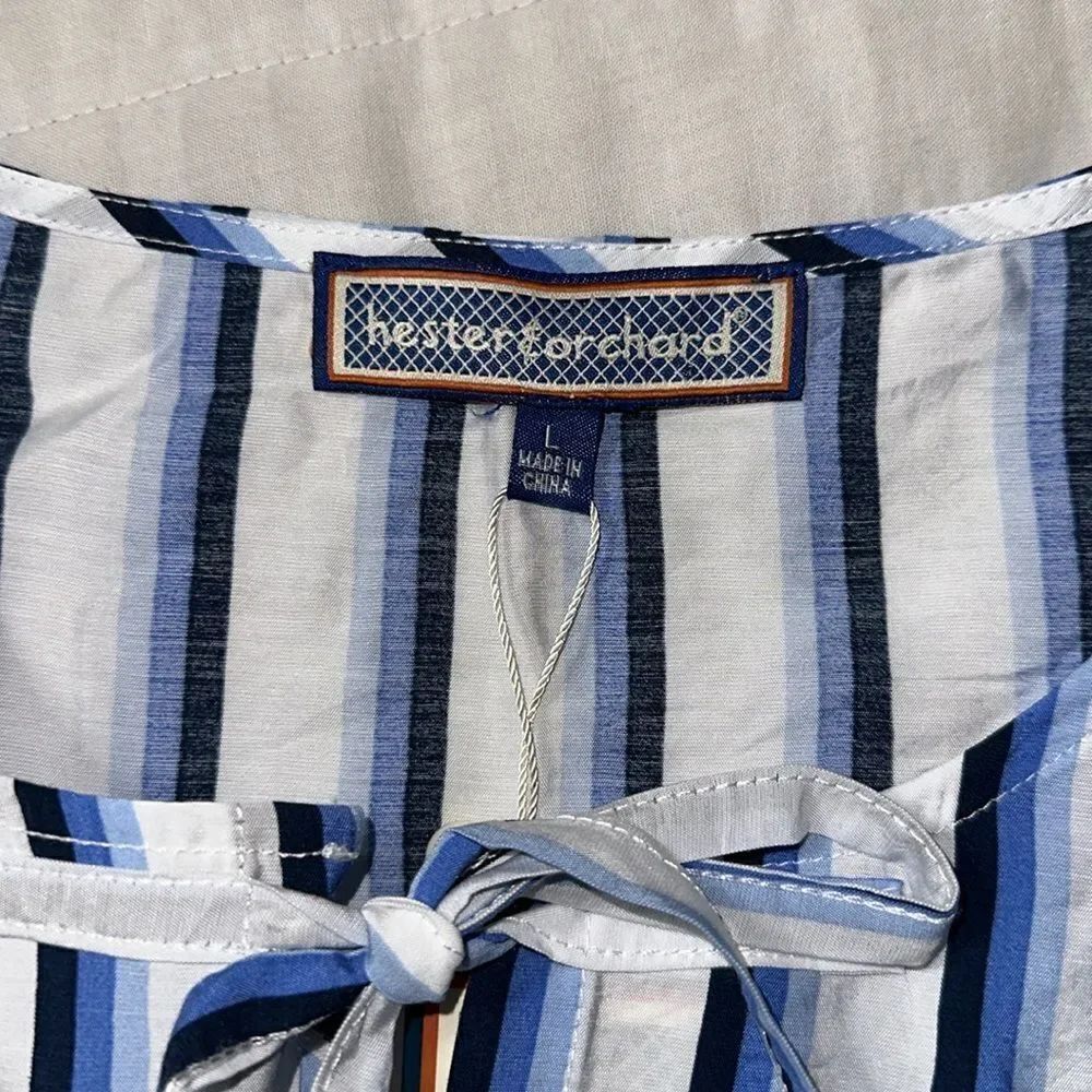 hester & orchard L White Blue Stripe Baby Doll Front Ties Quarter Sleeve Blouse - Picture 7 of 10